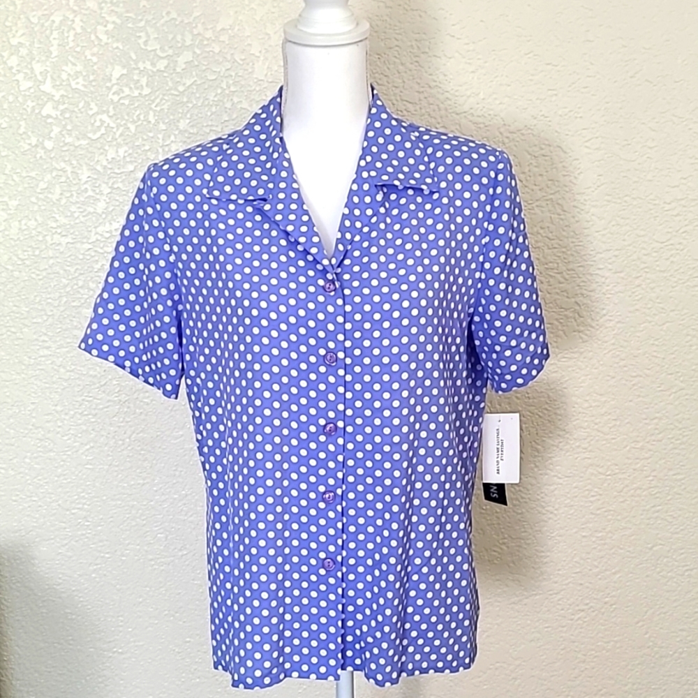 NWT Impressions blue polka dot blouse, size M